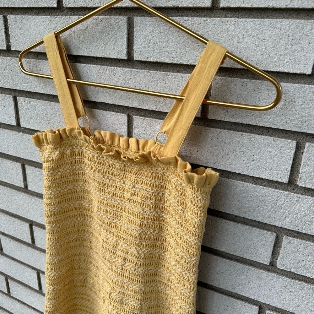 American Eagle Yellow Smocked Linen Mini Dress Ruffle Hem Summer Bodycon XS - Picture 3 of 9